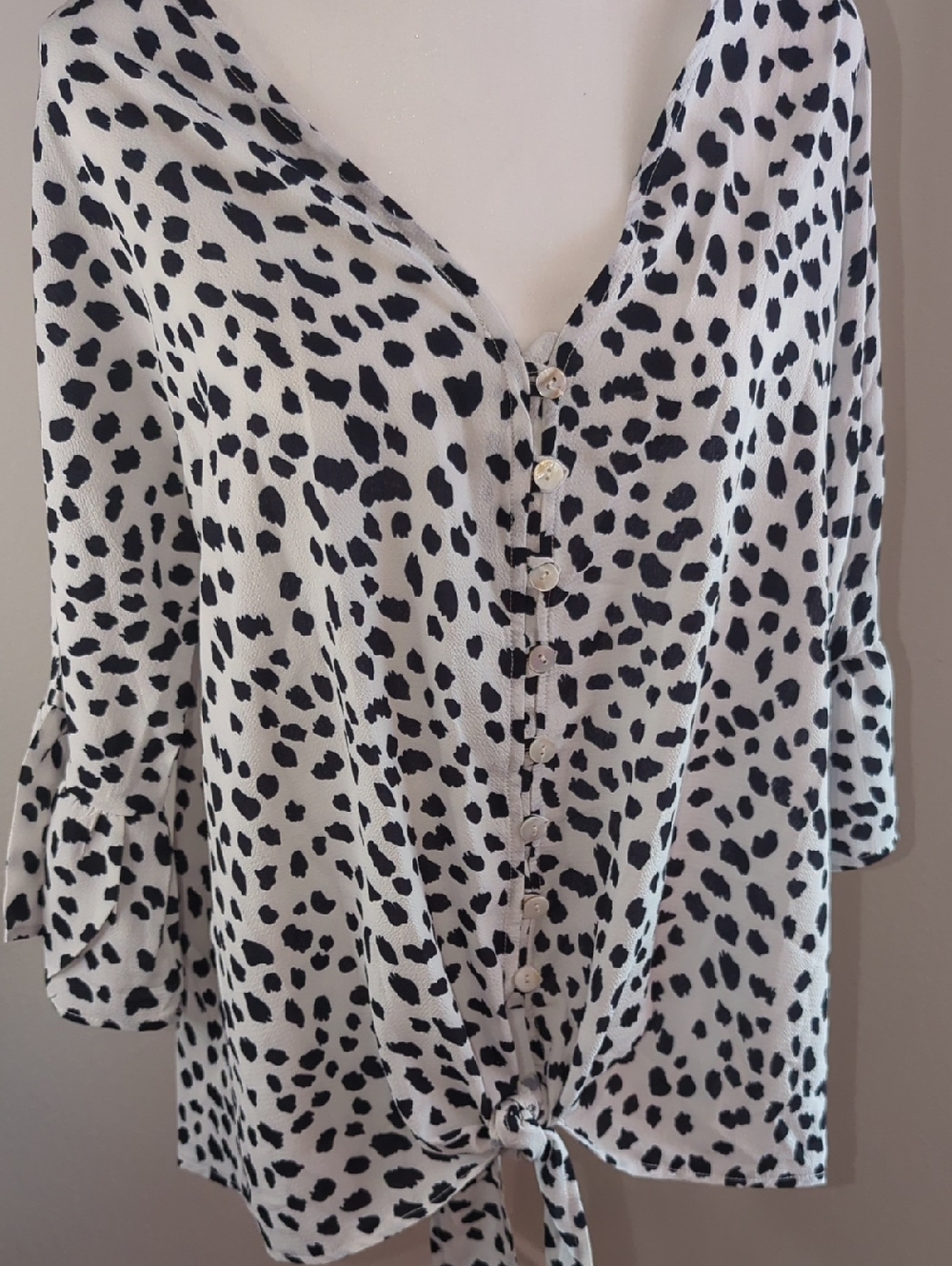 Womens Black and White Animal Print Button-Front Tie Hem Top